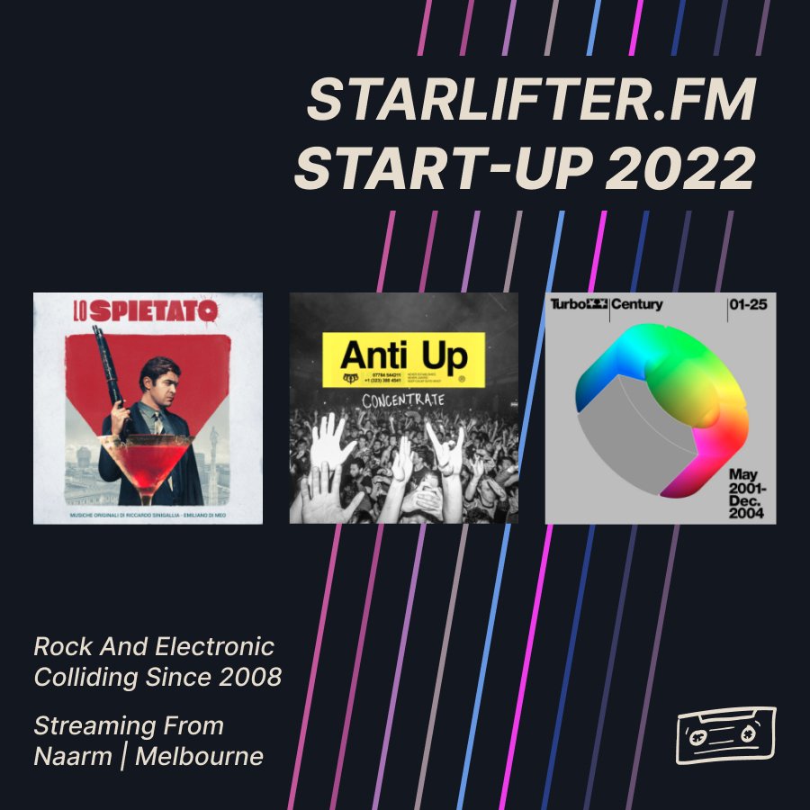 Artwork on this episode of the Starlifter.FM podcast titled "Start-Up 2022". It features album covers from some of the songs played during this electrnoic DJ set and has a dark theme with bright lines in the background.